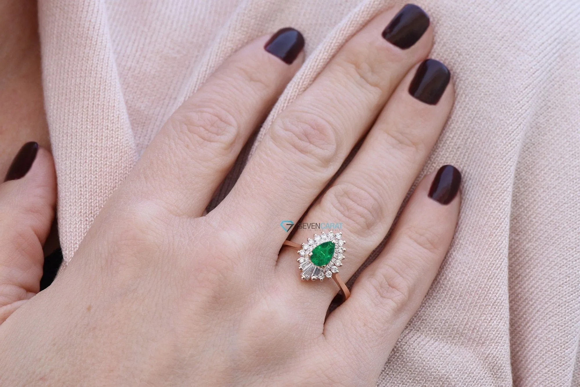 Emerald engagement ring set rose gold 14K/18K-Diamond vintage ring-Rose gold-Promise ring-Pear shaped emerald-Art deco ring-Custom Rings