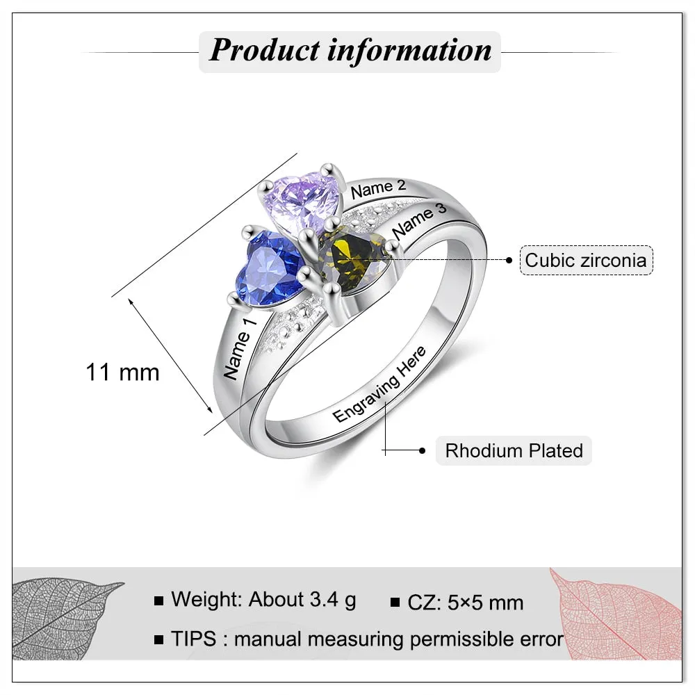 Engraved Name Silver Ring for Women Customized 3 Heart Birthstones