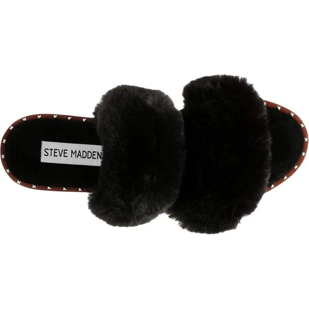 Enite Black Faux Fur Flat Slide Sandals