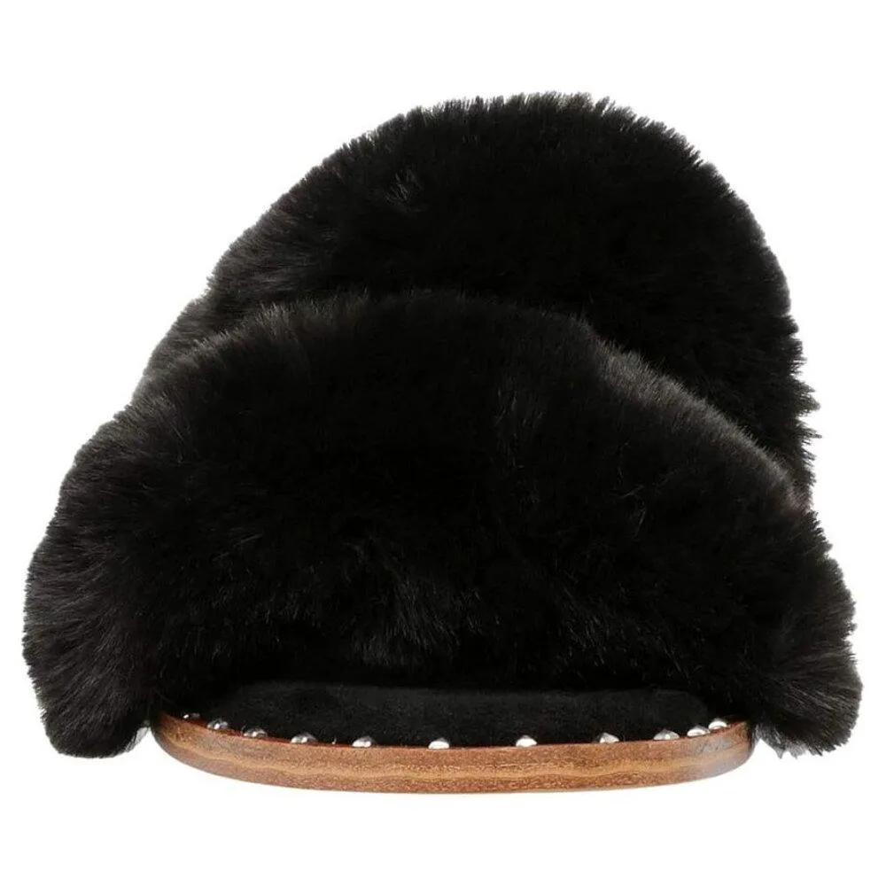 Enite Black Faux Fur Flat Slide Sandals