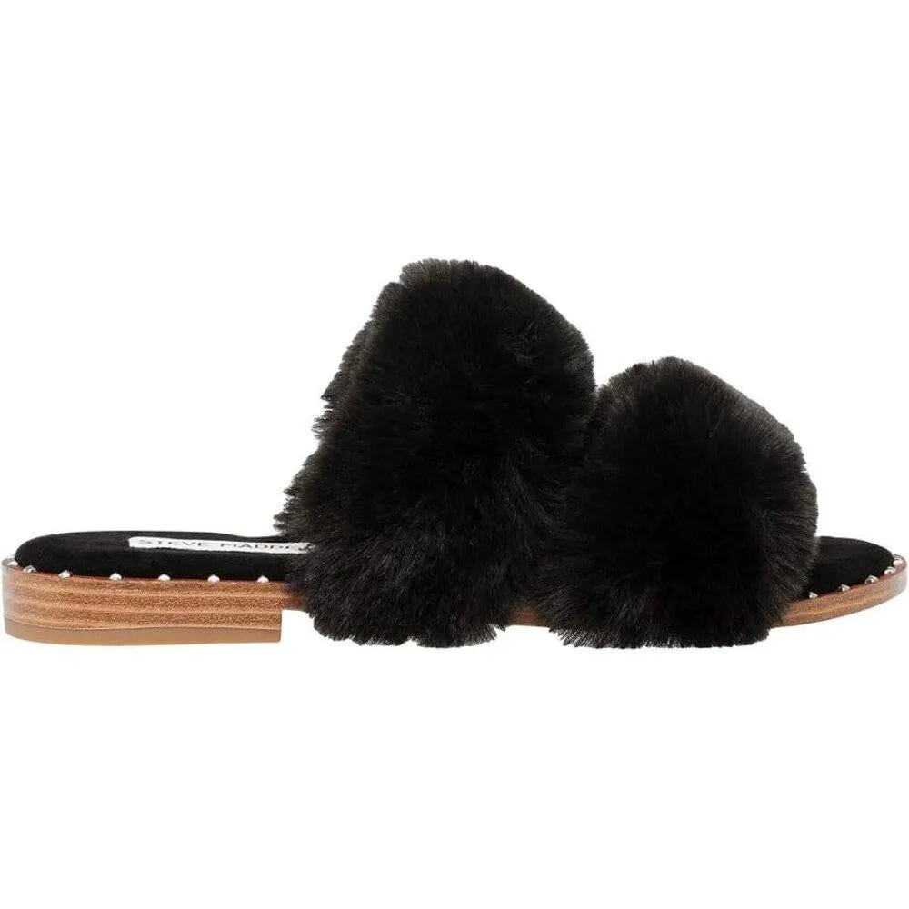 Enite Black Faux Fur Flat Slide Sandals