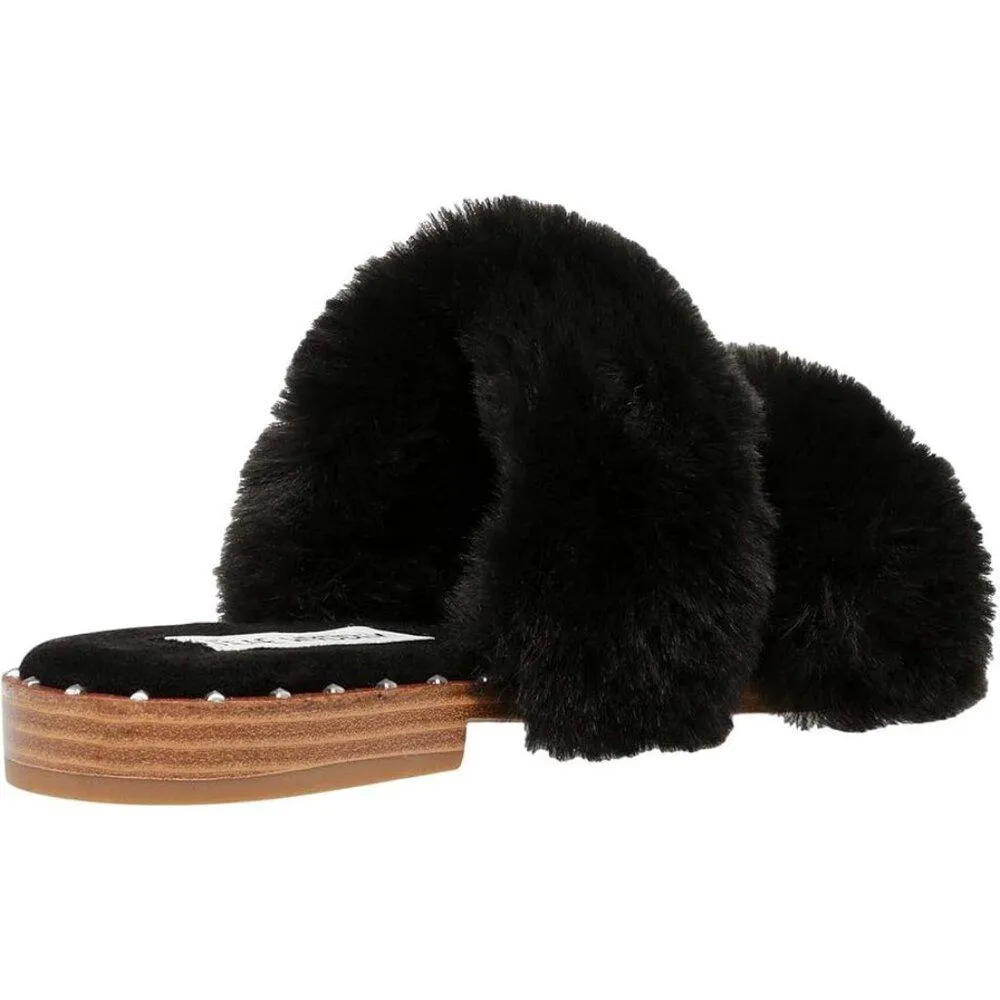 Enite Black Faux Fur Flat Slide Sandals