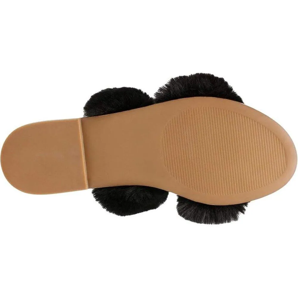 Enite Black Faux Fur Flat Slide Sandals
