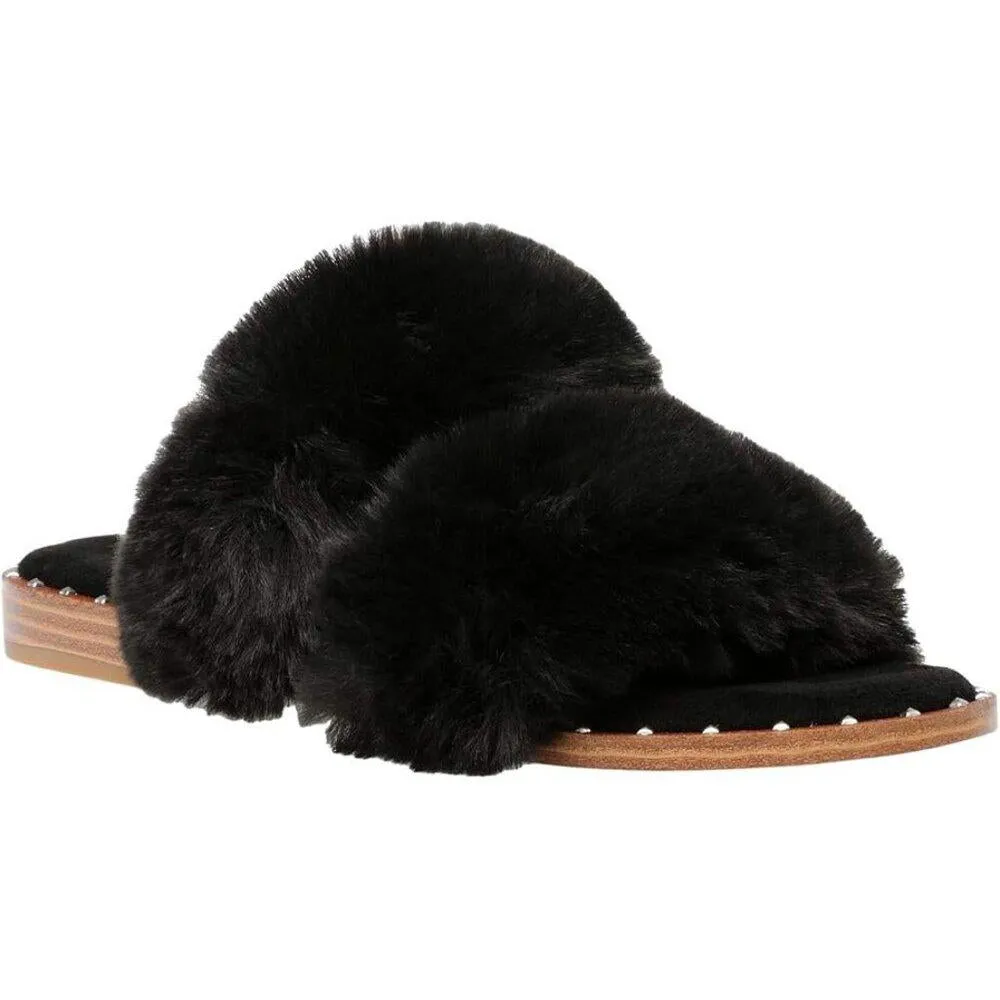 Enite Black Faux Fur Flat Slide Sandals