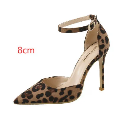 European And American Hollowed Sandals Women's Word With Pointed Toe Stiletto Leopard Print