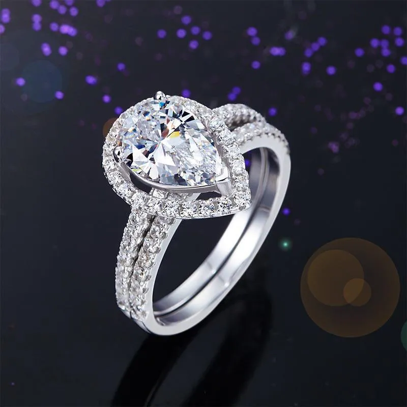 Exquisite Solid Sterling 925 Silver Bridal Wedding Promise Engagement Ring Set 2 Ct Pear Jewelry