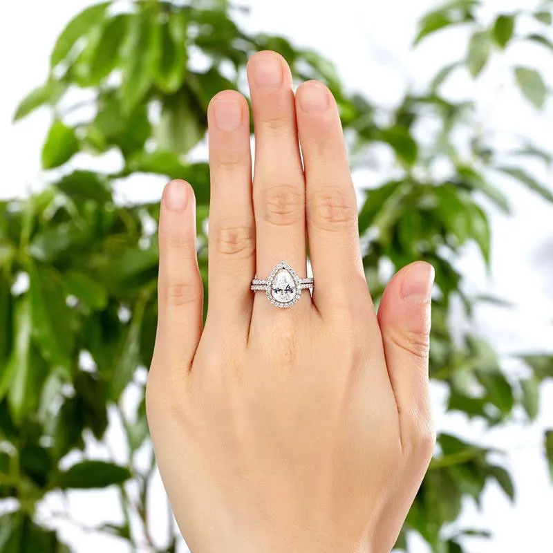 Exquisite Solid Sterling 925 Silver Bridal Wedding Promise Engagement Ring Set 2 Ct Pear Jewelry