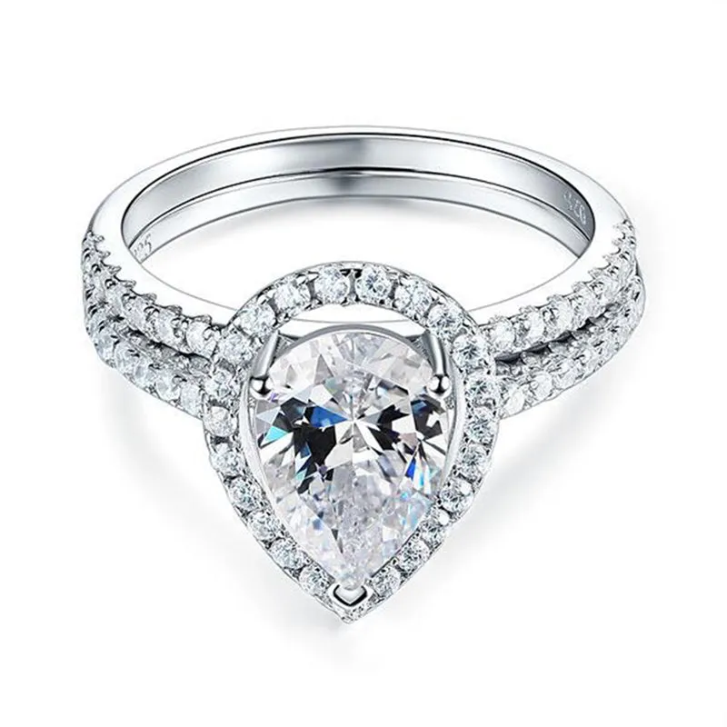 Exquisite Solid Sterling 925 Silver Bridal Wedding Promise Engagement Ring Set 2 Ct Pear Jewelry
