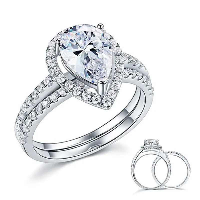 Exquisite Solid Sterling 925 Silver Bridal Wedding Promise Engagement Ring Set 2 Ct Pear Jewelry