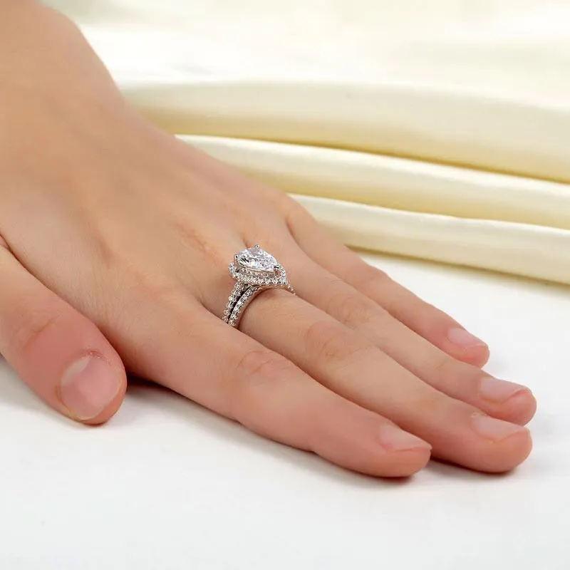 Exquisite Solid Sterling 925 Silver Bridal Wedding Promise Engagement Ring Set 2 Ct Pear Jewelry