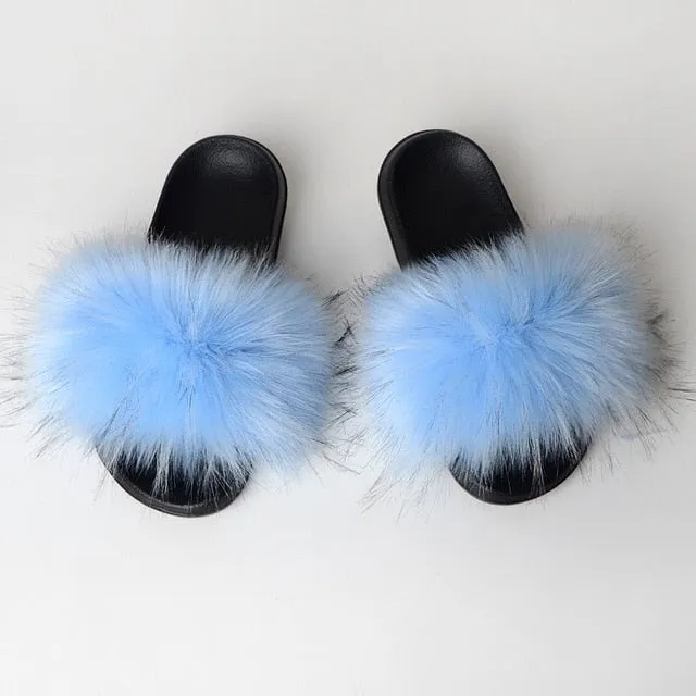 Faux Fur Slides Women Furry Fox Fur Sandals For Woman Female Indoor Shoes Fluffy Plush With Fur Slippers Flip Flops Size 36-45