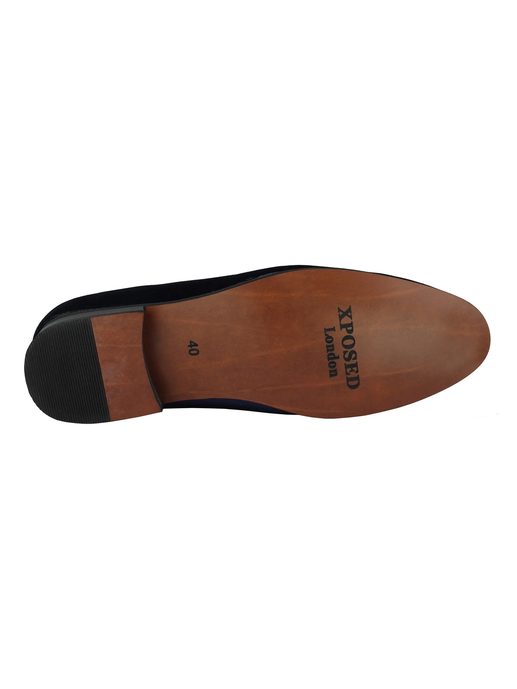 FAUX LEATHER EMBROIDERED VELVET LOAFERS IN NAVY