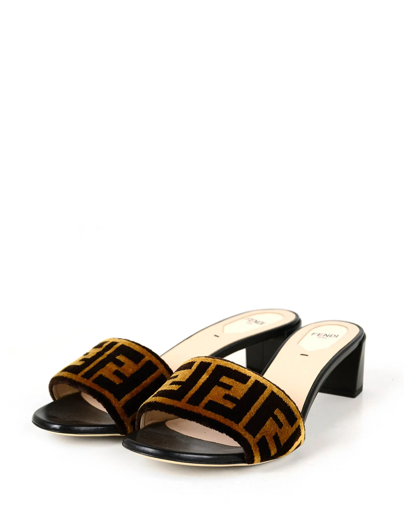 Fendi NEW Logo Print Velvet & Leather Mules sz 39.5