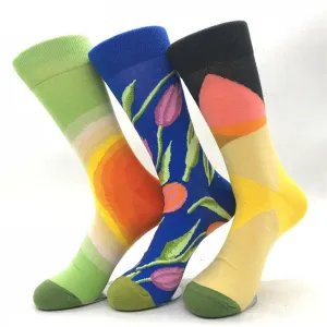 Floral Printed Mens Colorful Crew Socks - Premium Cotton Fun socks with Soft Elastic - 3 Pack Bundle
