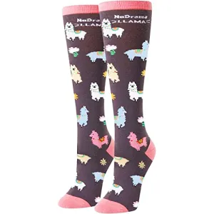 Funny Saying Llama Gifts For Women,No Drama Llama,Novelty Llama Print Socks, Llama Lovers Gifts,  Fun Llama Knee High Socks