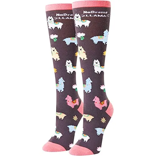Funny Saying Llama Gifts For Women,No Drama Llama,Novelty Llama Print Socks, Llama Lovers Gifts,  Fun Llama Knee High Socks