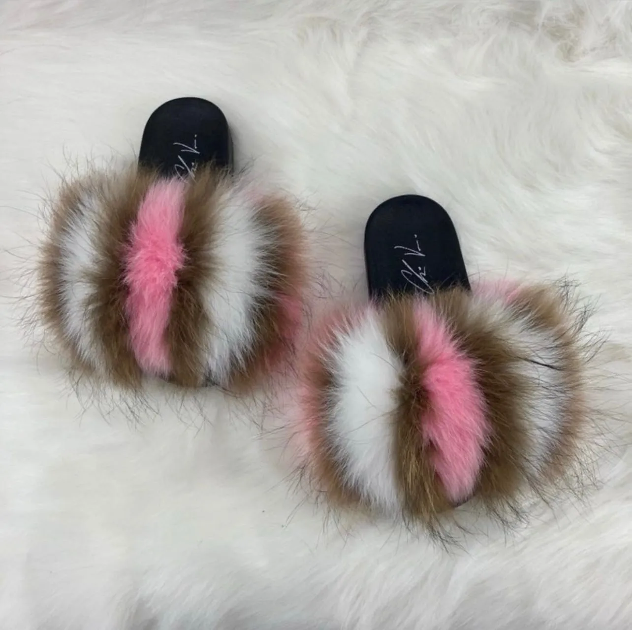 Fur Slides- Pink Brown and White