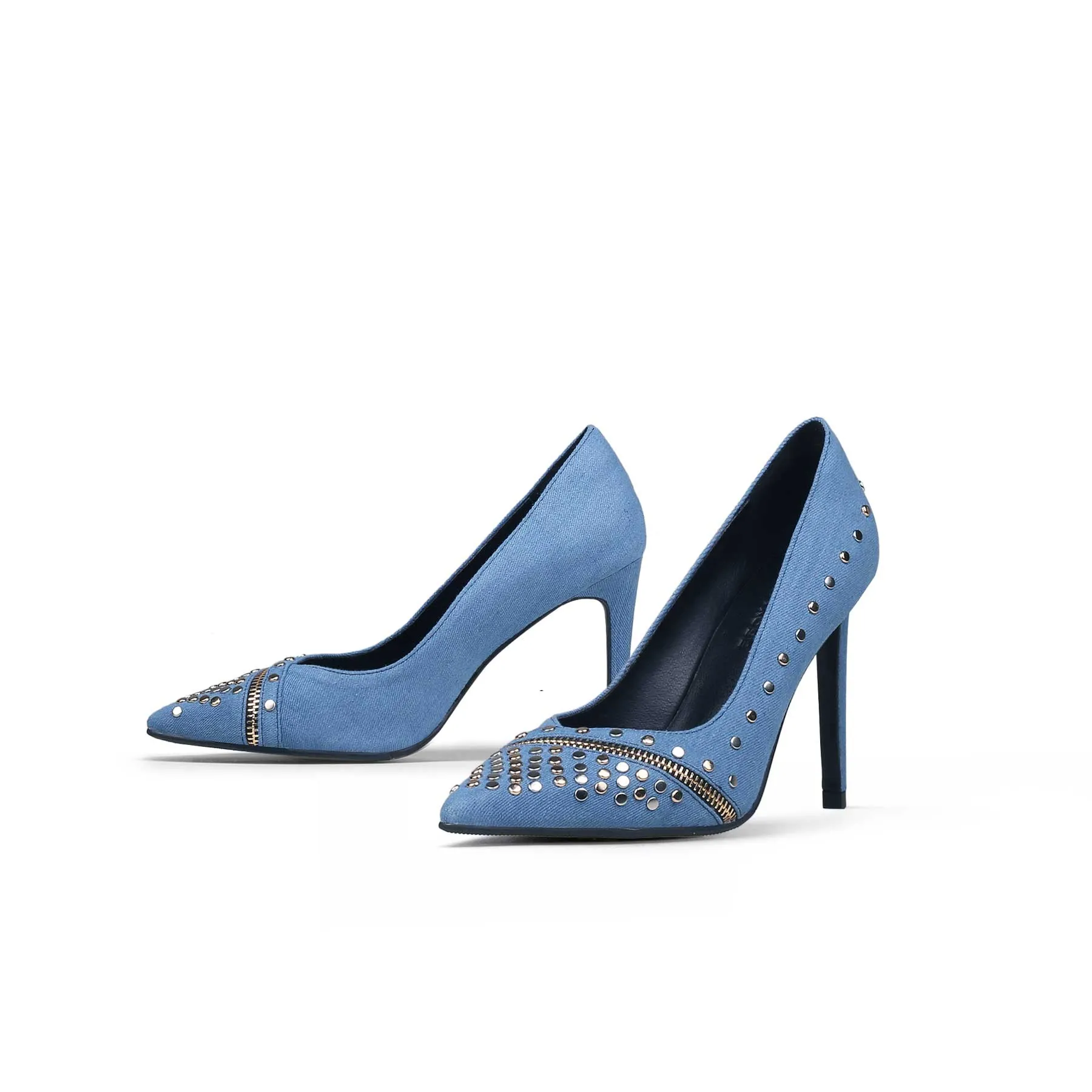 Gelson Metal Stud Embellished Denim Stilettos - Blue