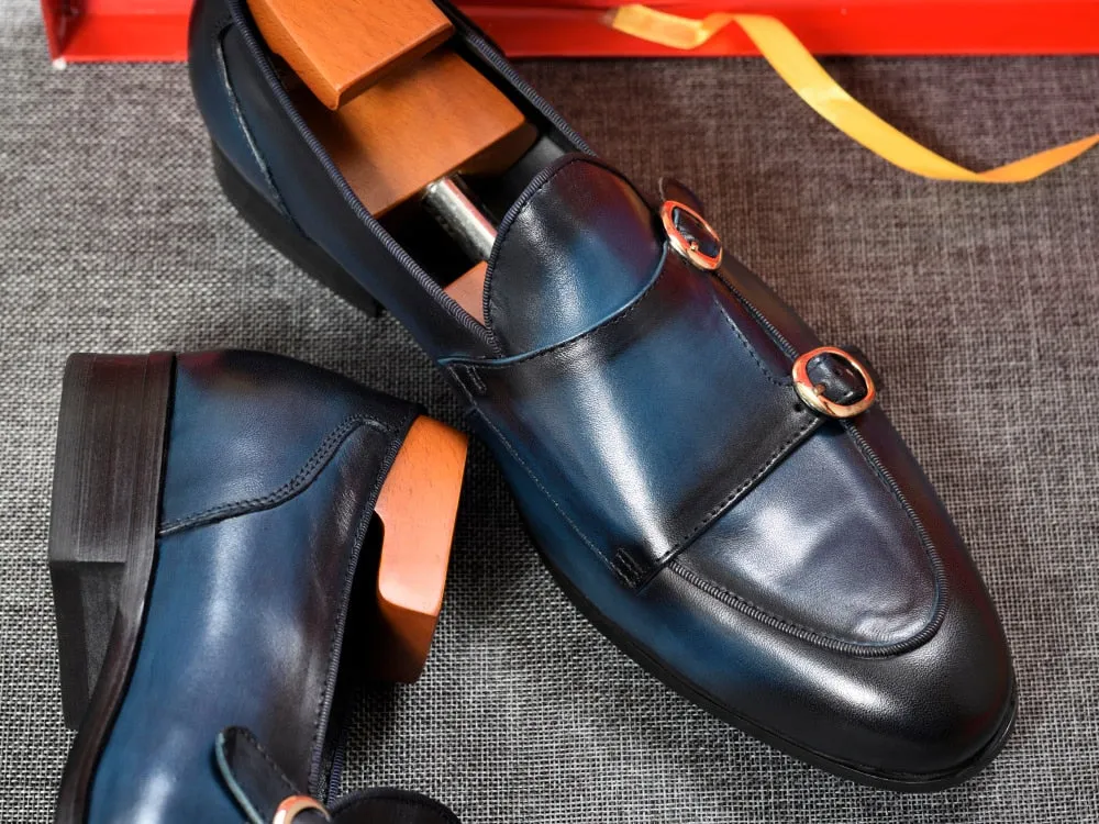 Genuine Leather Mens Casual Shoes Brown Blue Color Office Business Oxford  Double Buckle Strap Italy Style Shoe