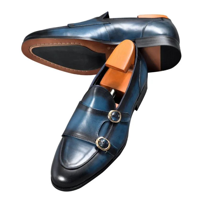 Genuine Leather Mens Casual Shoes Brown Blue Color Office Business Oxford  Double Buckle Strap Italy Style Shoe