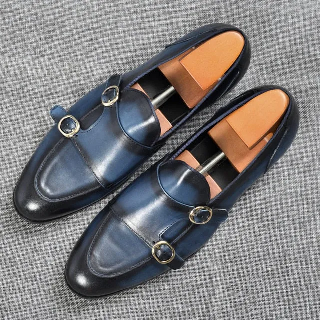 Genuine Leather Mens Casual Shoes Brown Blue Color Office Business Oxford  Double Buckle Strap Italy Style Shoe