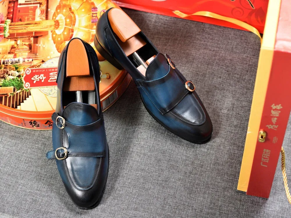 Genuine Leather Mens Casual Shoes Brown Blue Color Office Business Oxford  Double Buckle Strap Italy Style Shoe