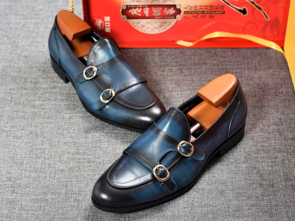 Genuine Leather Mens Casual Shoes Brown Blue Color Office Business Oxford  Double Buckle Strap Italy Style Shoe