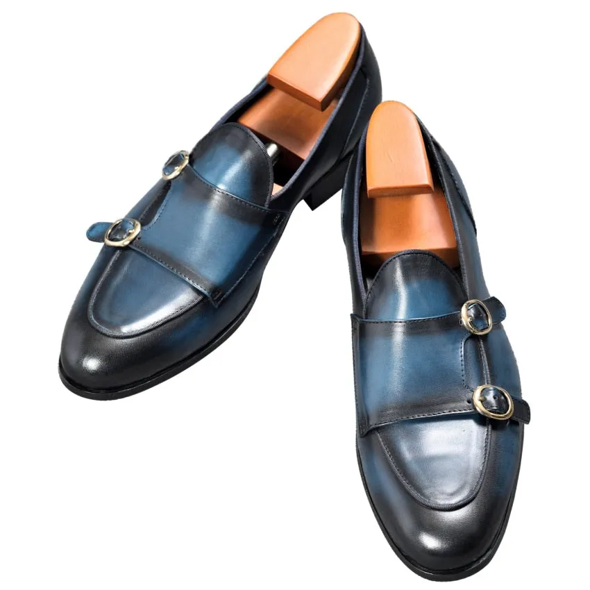 Genuine Leather Mens Casual Shoes Brown Blue Color Office Business Oxford  Double Buckle Strap Italy Style Shoe