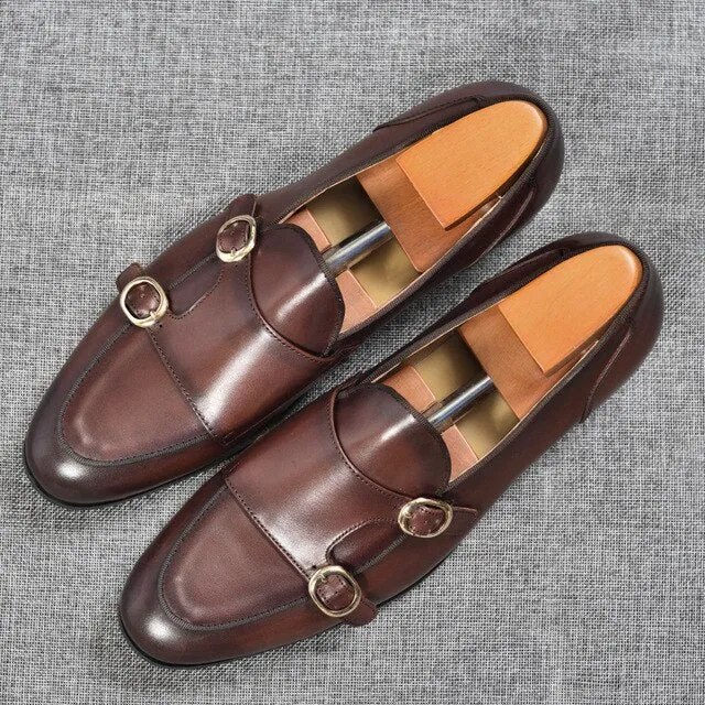 Genuine Leather Mens Casual Shoes Brown Blue Color Office Business Oxford  Double Buckle Strap Italy Style Shoe
