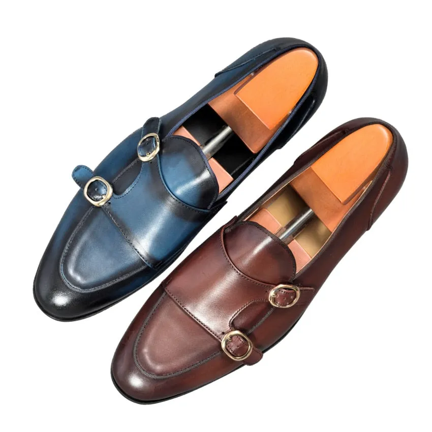 Genuine Leather Mens Casual Shoes Brown Blue Color Office Business Oxford  Double Buckle Strap Italy Style Shoe
