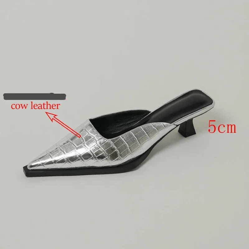 Genuine Leather Pointed Toe Thin Low Heels Mules Women Pumps