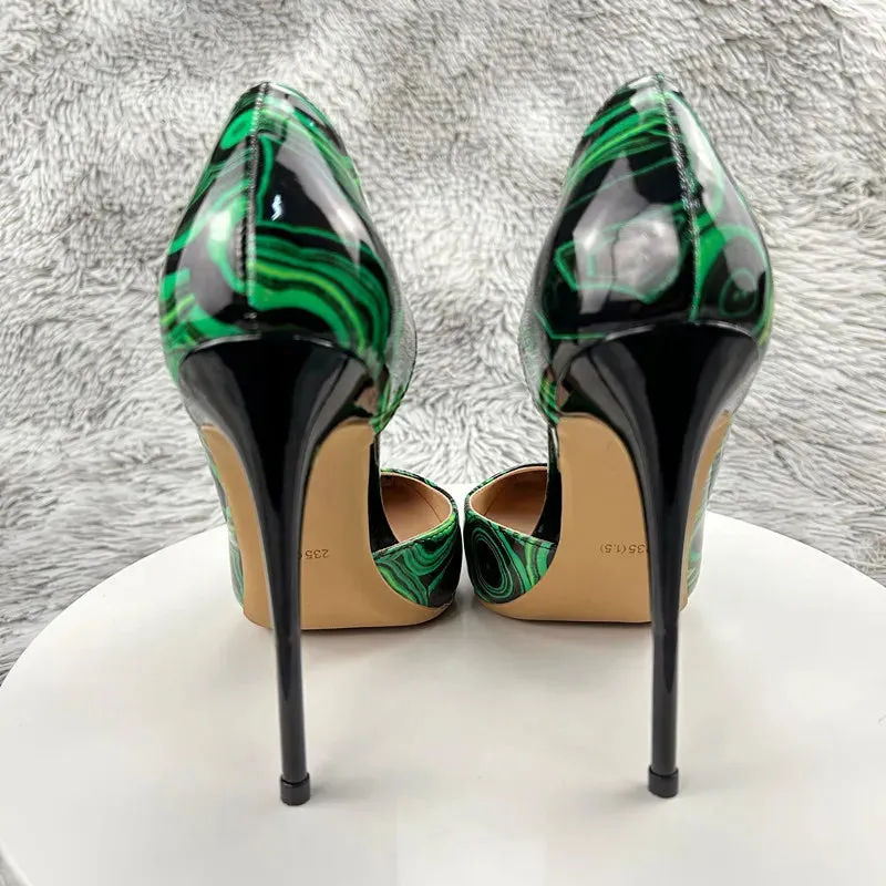 Green graffiti high heels Women Pointed Toe Inside Cut High Heel Shoes