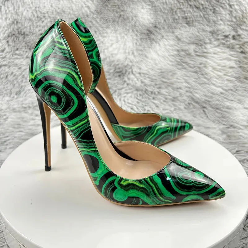 Green graffiti high heels Women Pointed Toe Inside Cut High Heel Shoes