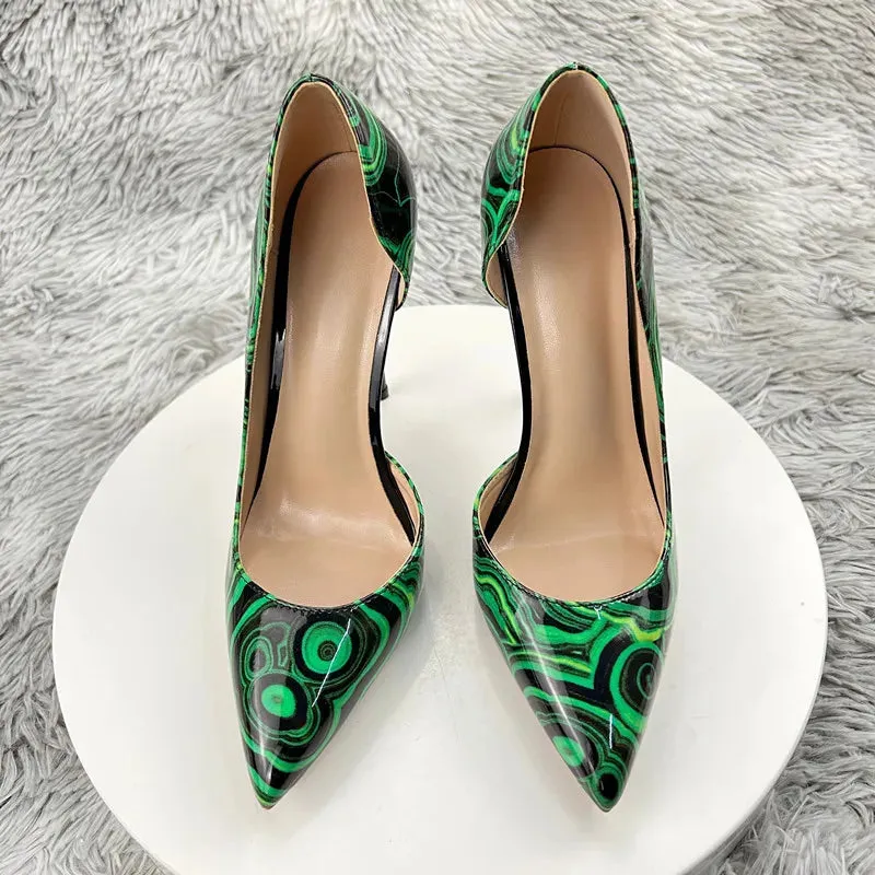 Green graffiti high heels Women Pointed Toe Inside Cut High Heel Shoes