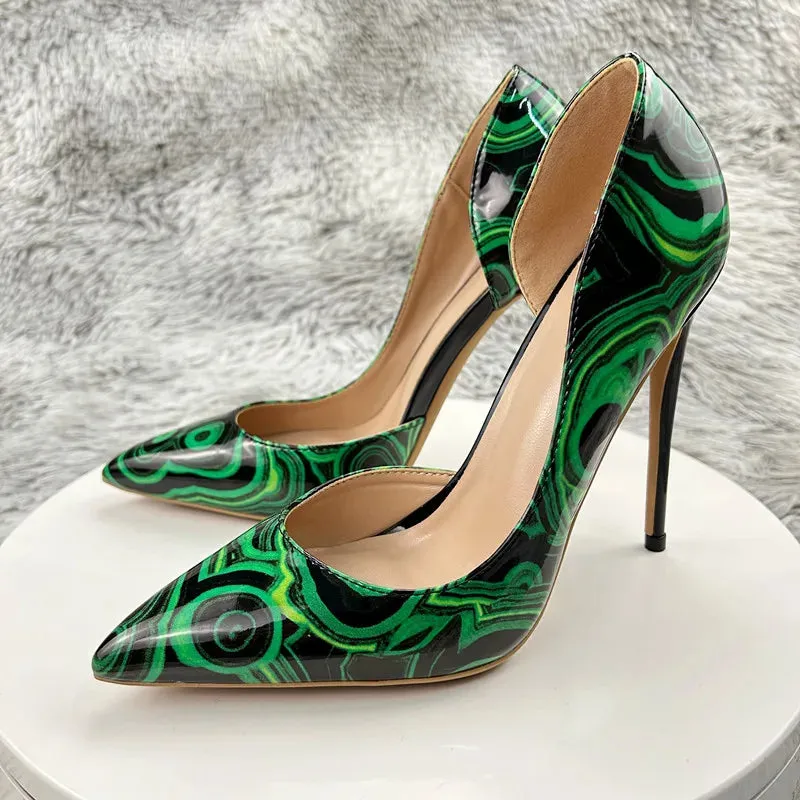 Green graffiti high heels Women Pointed Toe Inside Cut High Heel Shoes