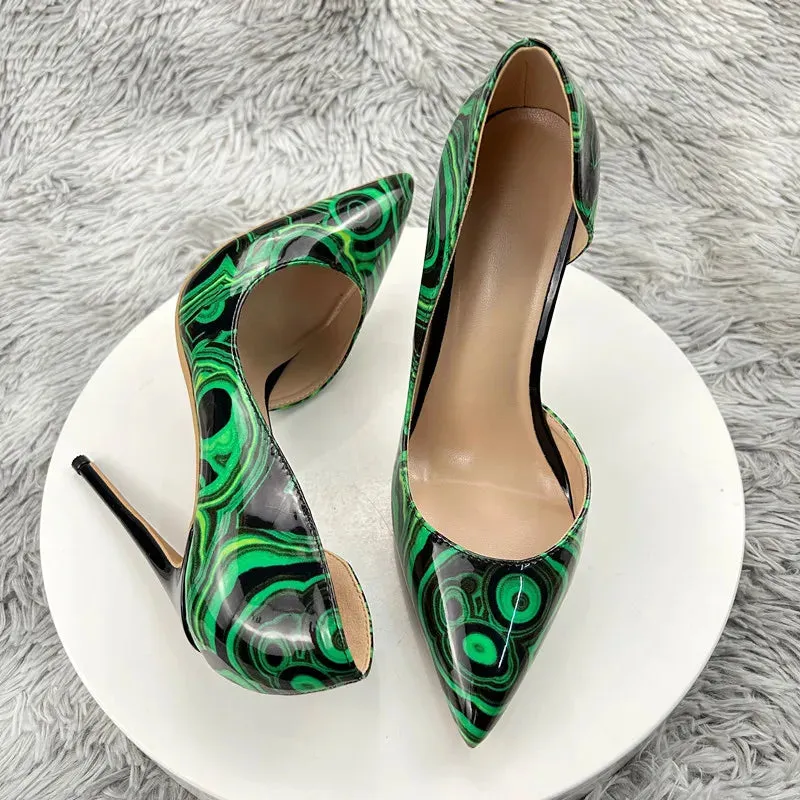 Green graffiti high heels Women Pointed Toe Inside Cut High Heel Shoes