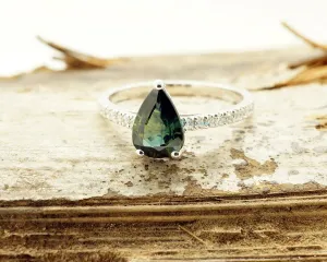 Green Sapphire Diamond Engagement Ring -White Gold Ring-Sapphire  Engagement Ring -Pear shaped sapphire-Promised ring
