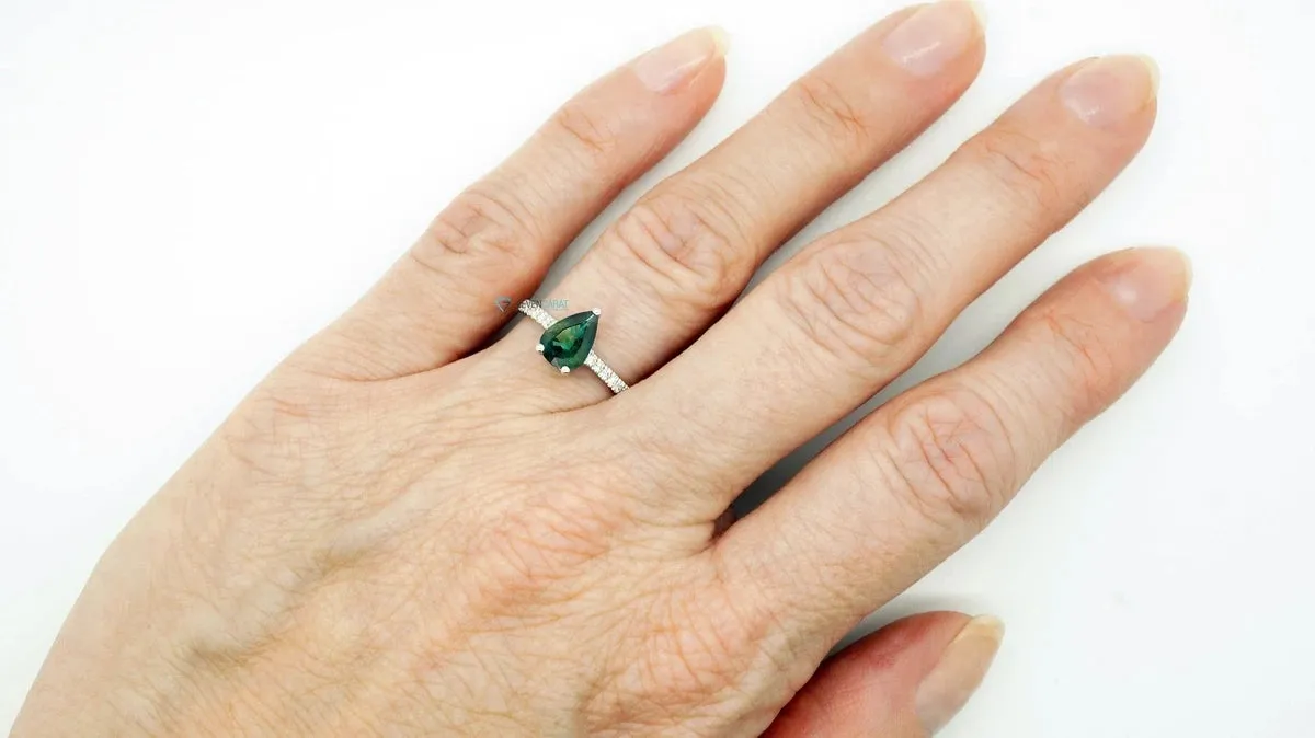 Green Sapphire Diamond Engagement Ring -White Gold Ring-Sapphire  Engagement Ring -Pear shaped sapphire-Promised ring