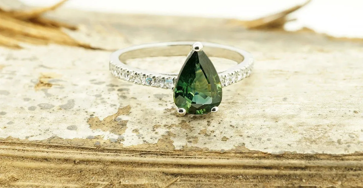 Green Sapphire Diamond Engagement Ring -White Gold Ring-Sapphire  Engagement Ring -Pear shaped sapphire-Promised ring