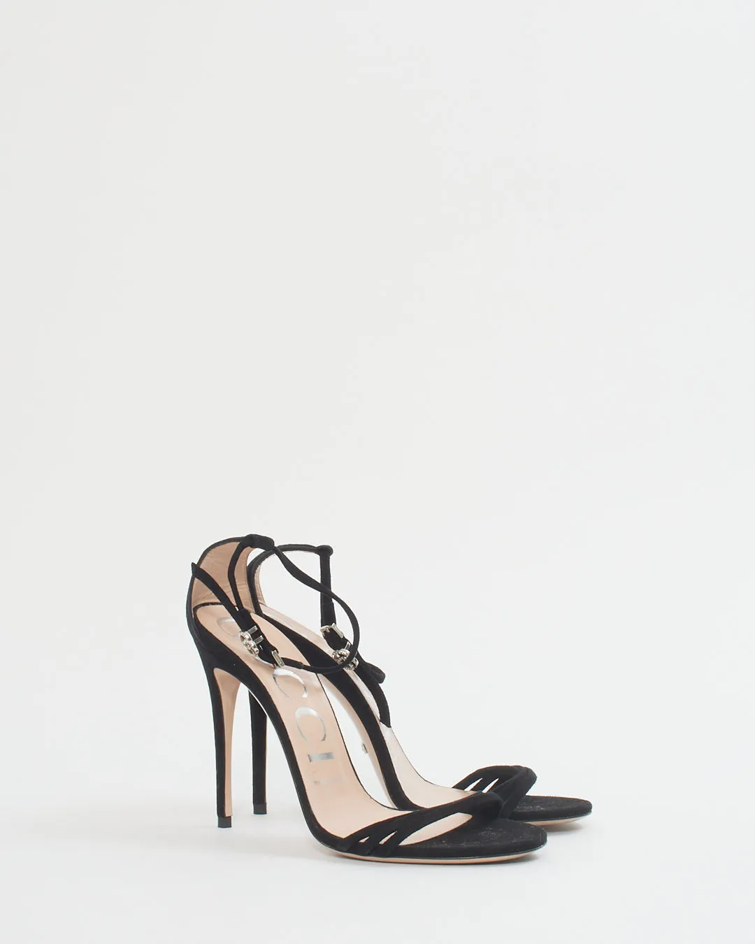 Gucci Black Suede Crystal GG Strappy Heeled Sandals - 36
