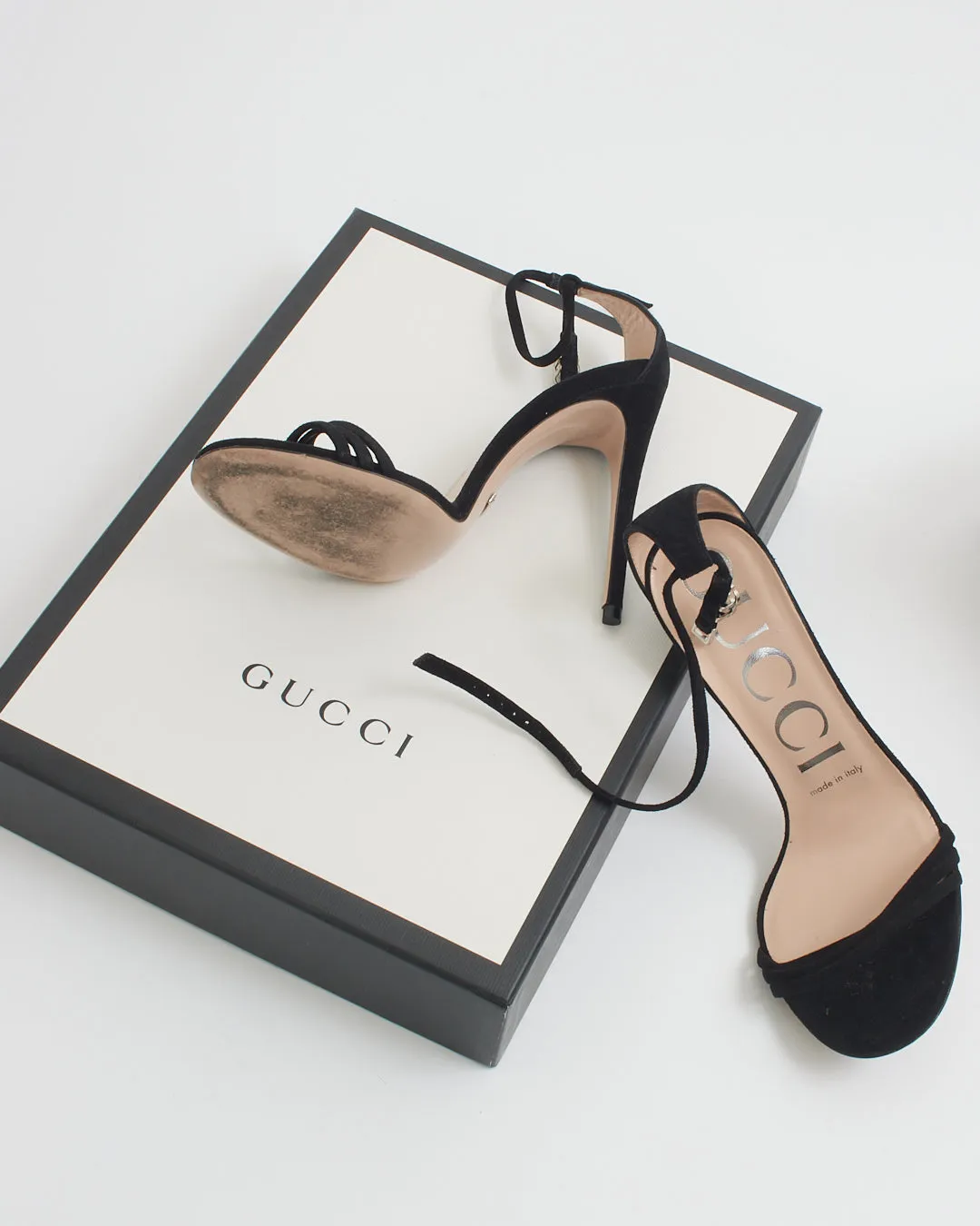 Gucci Black Suede Crystal GG Strappy Heeled Sandals - 36
