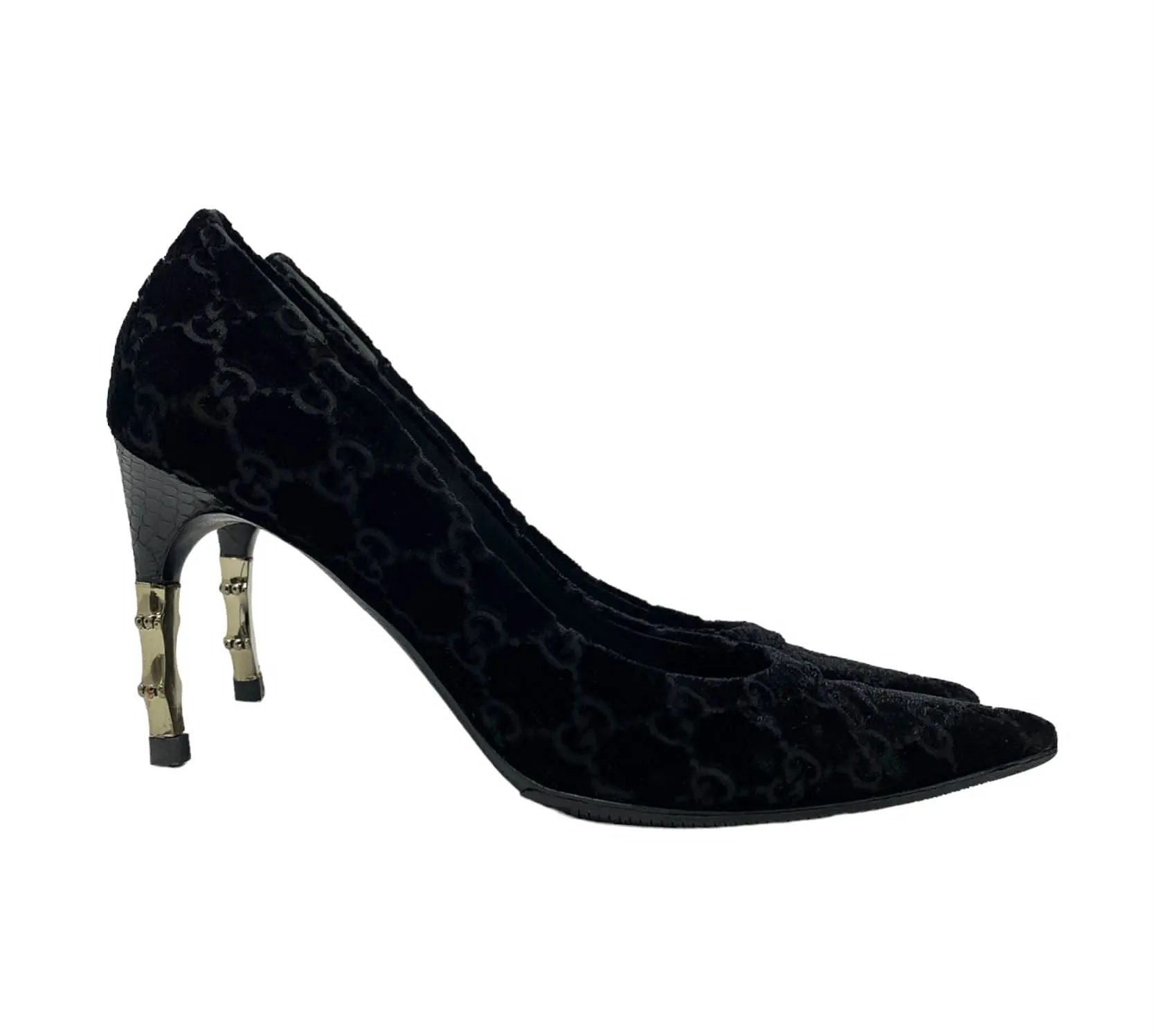 Gucci Black Velour Logo Bamboo Heels