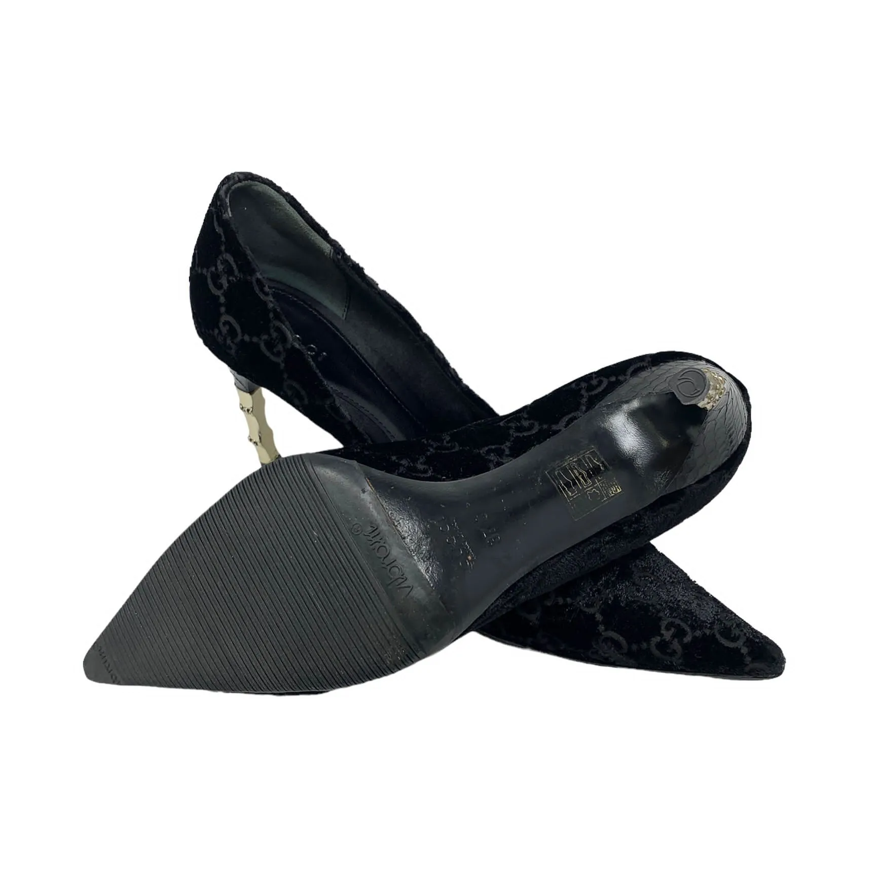 Gucci Black Velour Logo Bamboo Heels