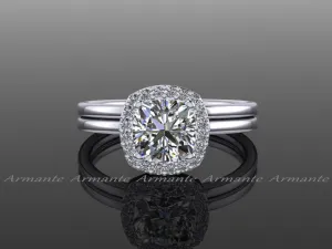 Halo Moissanite Wedding Set, White Gold Plain Wedding Bands