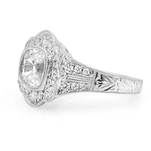 Henri Daussi Signed GIA Certified 1.32ct t.w. Cushion Halo Antique Inspired Engagement Anniversary Ring
