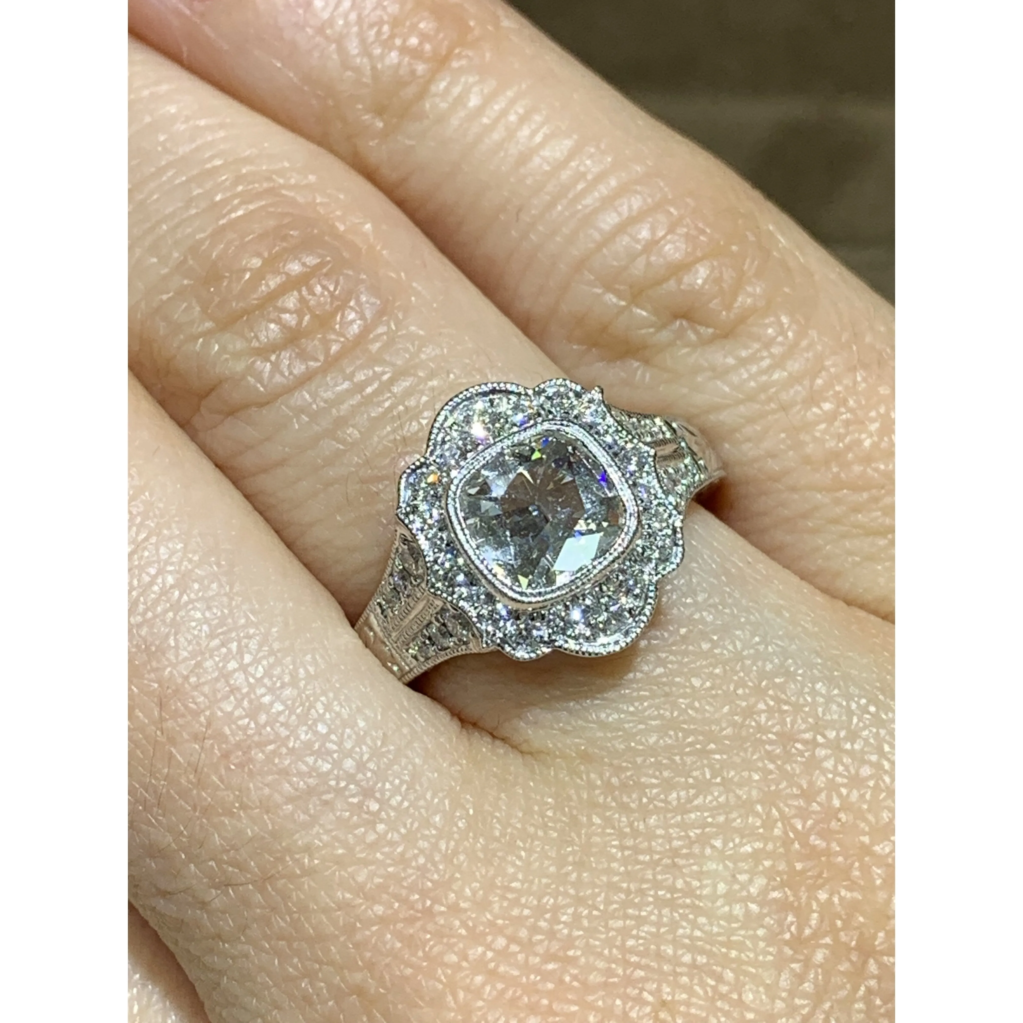Henri Daussi Signed GIA Certified 1.32ct t.w. Cushion Halo Antique Inspired Engagement Anniversary Ring