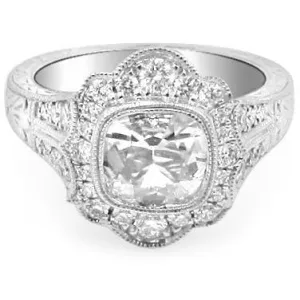 Henri Daussi Signed GIA Certified 1.32ct t.w. Cushion Halo Antique Inspired Engagement Anniversary Ring