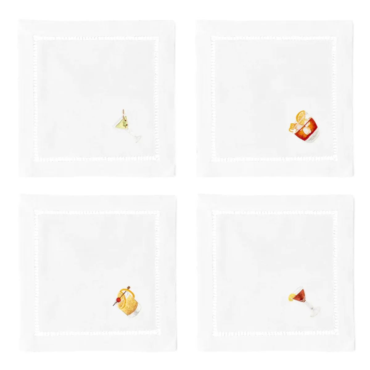 Henry Handwork Classic Drinks Embroidered Cocktail Napkins, Set of 4