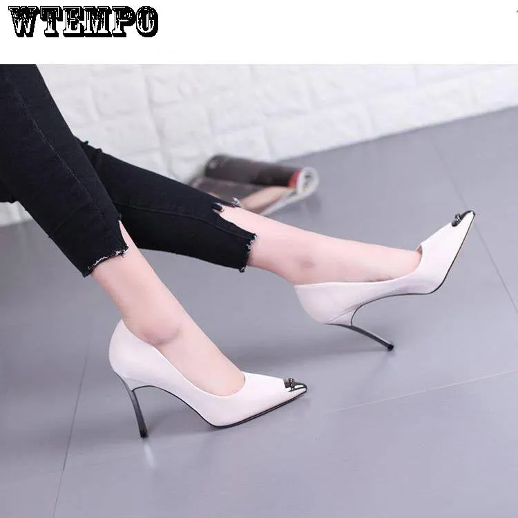 High Heels Ladies PU Material Metal Shiny Pointed Stilettos for Appointments