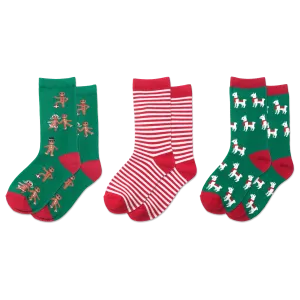 HOTSOX Kid's Holiday Gingerbread, Llamas, Stripe Crew Socks 3 Pair Pack
